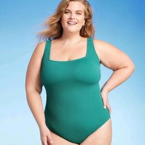 Women's Pucker Square Neck One Piece Swimsuit - Kona Sol Teal Green 14